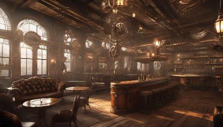 Nightclub in Steampunk Style, great quality, high resolution, 8K, variety of details, high definition, large quantity and technological details in keeping with Style