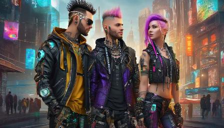 Couple implanted in Cybergoth Style, great quality, in a city, high resolution, body covered with clothes, 8K, entire body, variety of details, with implant, high definition, variety of complexion and face in the implanted, variety of color hair