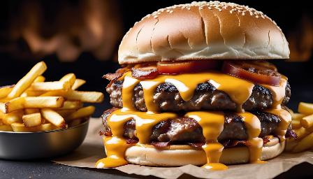 Food photography, one meat bacon and cheddar hamburger, french fries, in a luxurious Michelin kitchen style